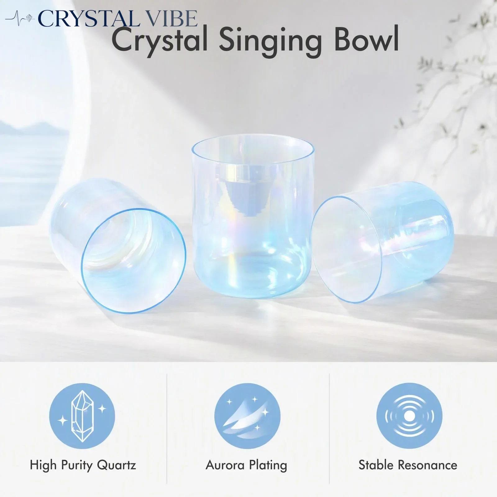 CRYSTAL VIBE Blue Aurora Alchemy Crystal Singing Bowl, 432Hz/440Hz Optional for Chakra Healing Meditation Sound Therapy