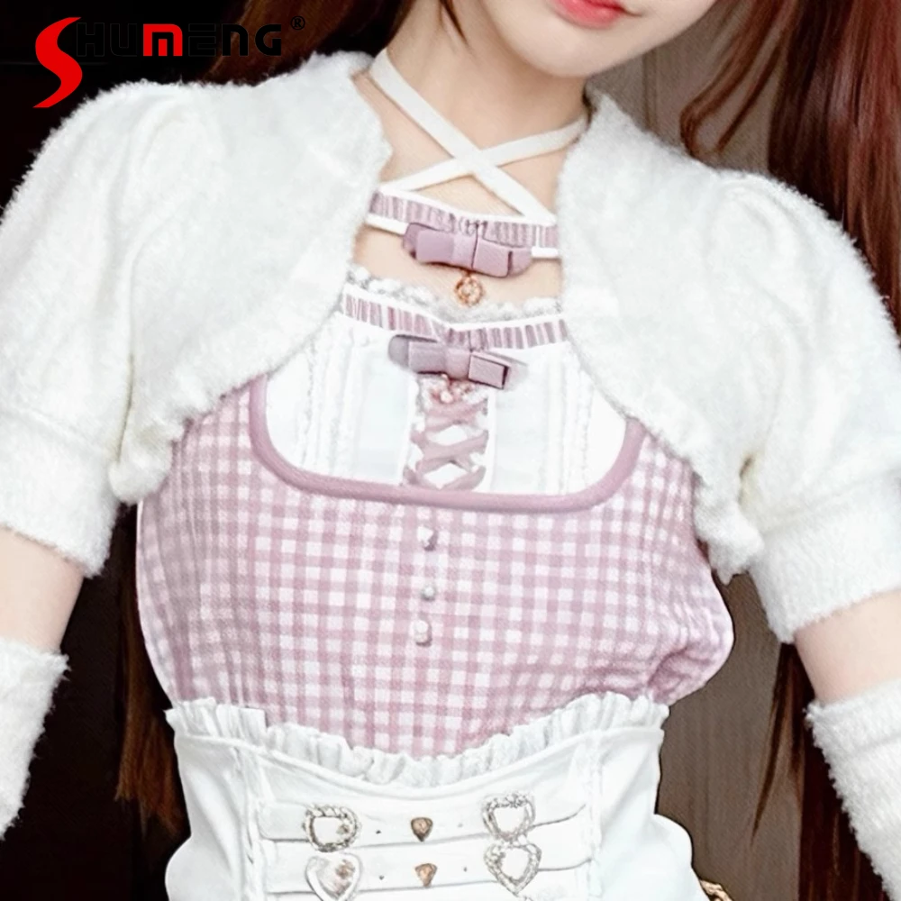 

Japanese Mines Style Mass-Produced Lace Bow Spliced Square Neck Puff Sleeve Plaid Knitted Sweaters Pullovers for Women Autumn