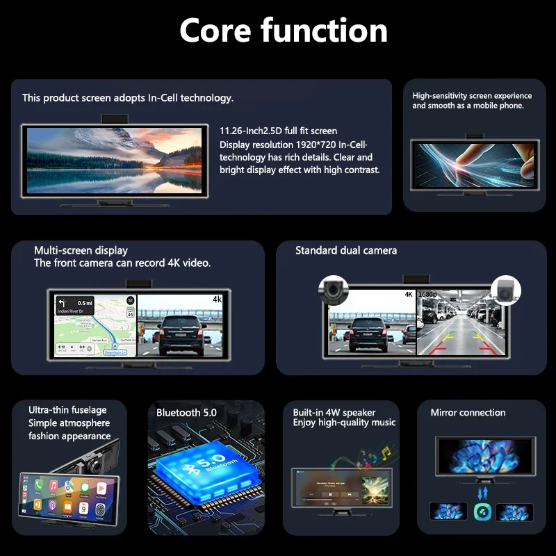 11.26in شاشة لمس داخل الخلية HD كاميرا سيارة لاسلكية أمامية 4K وخلفية 1080P شاشة Carplay الذكية سجل القيادة