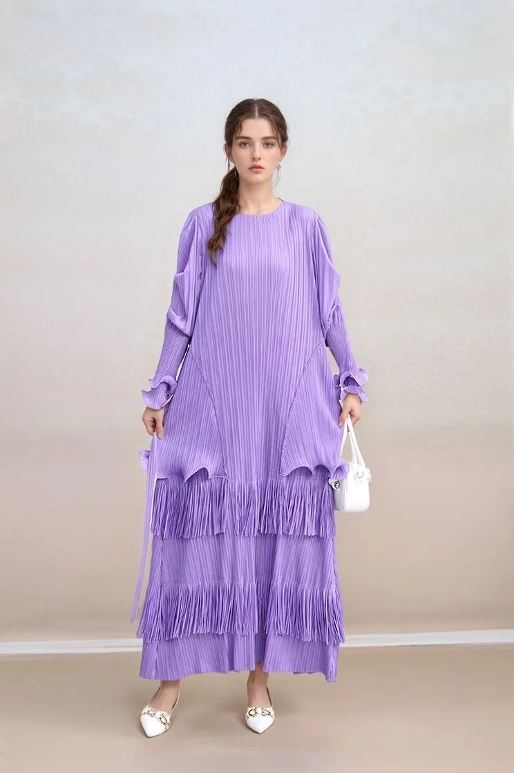 Women's Pleated Maxi Dress with Tiered Ruffle Hem Long Sleeve Boho Evening Gown Pleated Dress Birthday Dress for Women