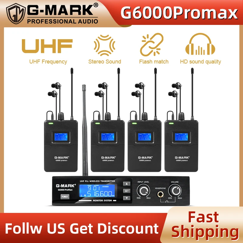 G-MARK G6000ProMax Wireless In-Ear Monitor UHF Stereo Stage Return Frequency Selectable For Stage Singer Studio Band Performance