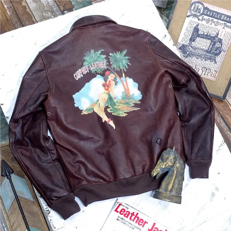 Wax-dyed uncoated small fine leather hand-stitched patched and back-painted  coat