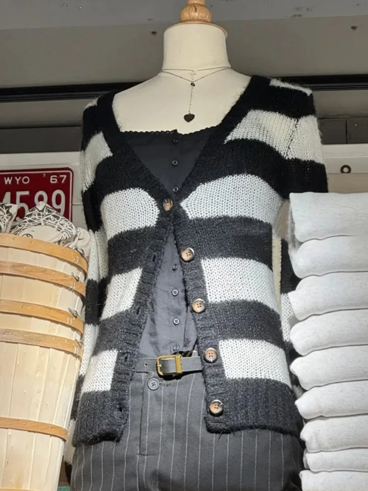 

Striped Mohair Long Sleeve T-Shirt Cardigan Women Autumn V-Neck Cotton Thin Smock Button Top Vintage Sweet Cute Tee Shirt Tops