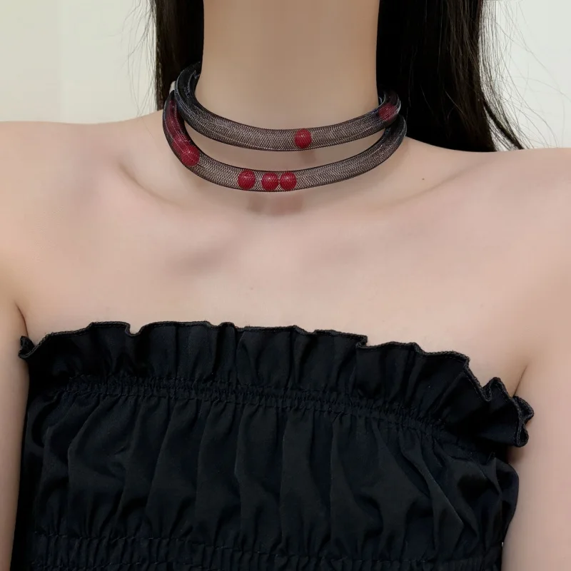 Women Vintage Sheer Net Choker With Black Round Beads Double Strand Trendy Dark Aesthetic Accessories