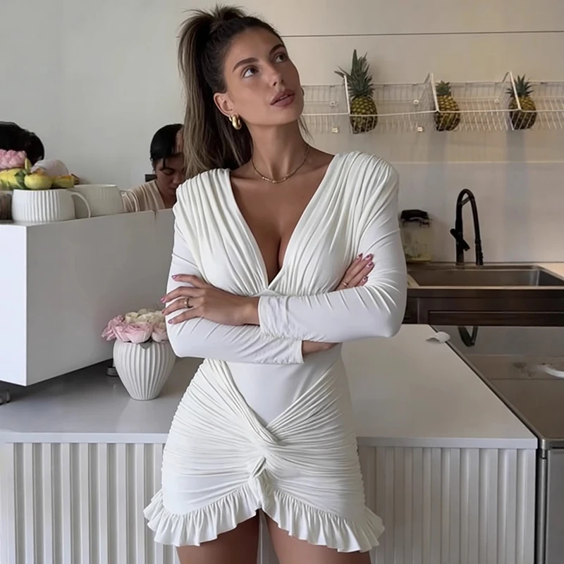 

Typhaland Deep V neck Twsit Mini Dress For Women Fashion Solid Slim Long Sleeve Ruched Dress High Waist Sexy Female Dresses