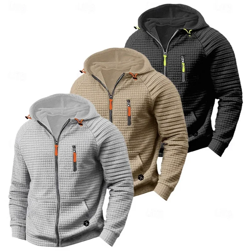 LIBIELIY Autumn Sports Hoodies Mens Casual Waffle Plaid Long Sleeve Zipper Hooded Cardigans Men Sweatshirts Fashion Loose Hoodie