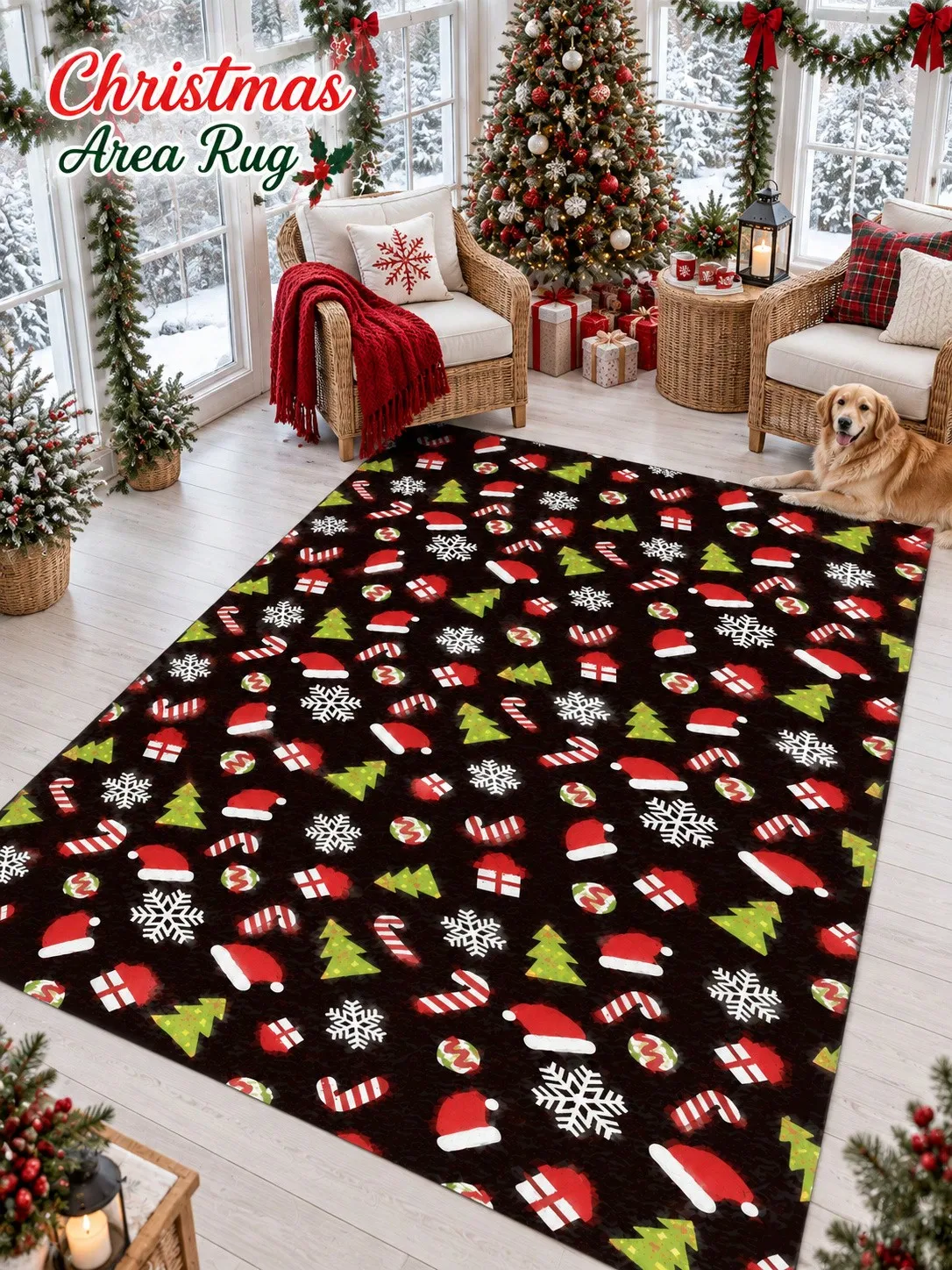 Christmas Rug Santa Hat Candy Cane Snowflake Floor Decor Carpet Living Room Bedroom Dining Area Entryway Apartment Cabin Winter Home Accent Beside Sofa Coffee Table Housewarming Birthday Gift for Family Friends Neighbors Homeowners Holiday Gatherings