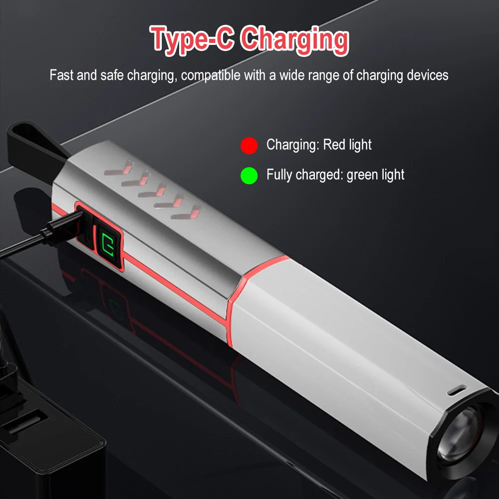 BORUiT Lanterna LED com zoom tipo C recarregável portátil tocha de longo alcance à prova d'água para acampamento ao ar livre caminhadas uso