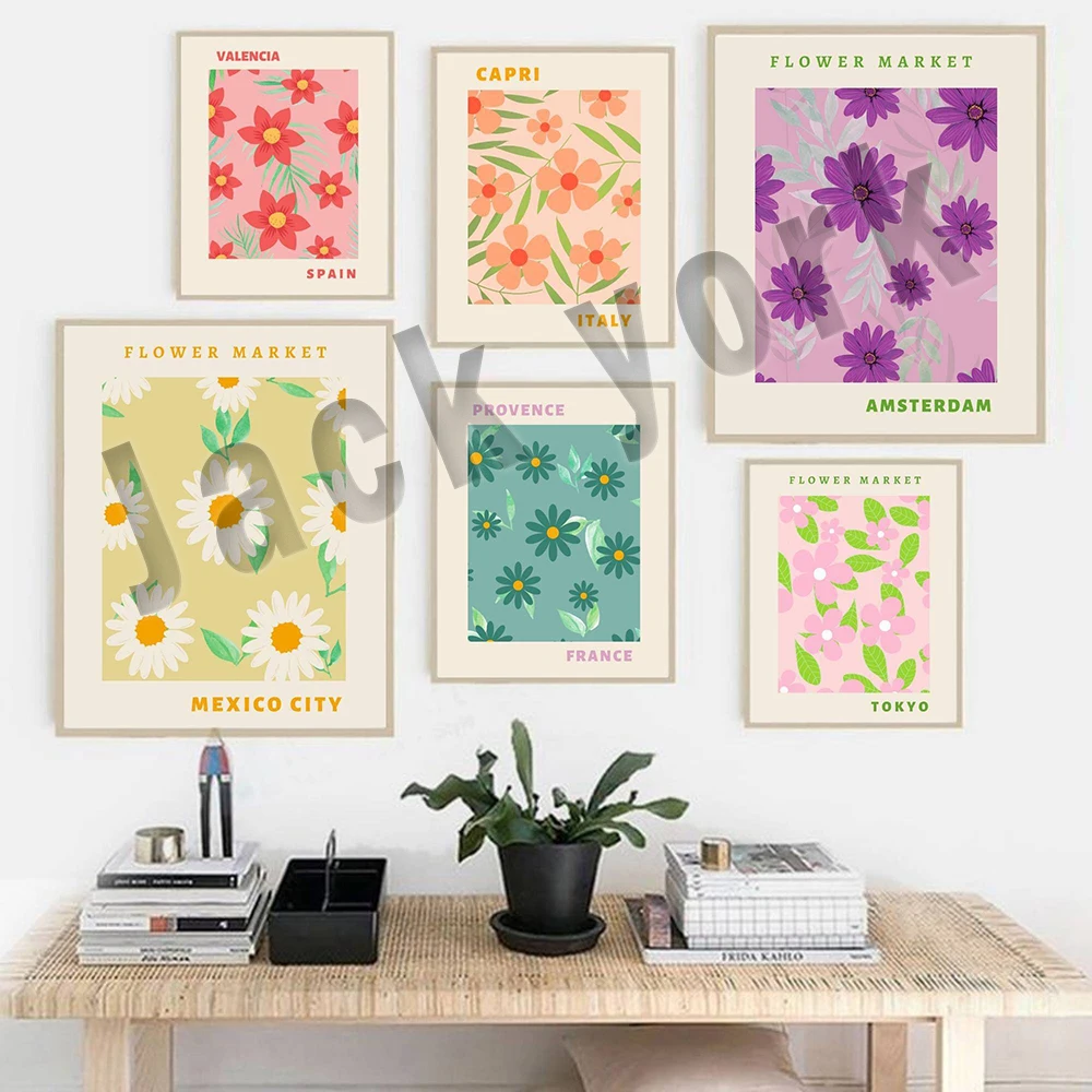 Blumenmarkt-Druck, botanische Wandkunst, Italien, Tokio, Amsterdam, Mexiko, Spanien, Blumenmalerei, Meer, Leinwanddruck
