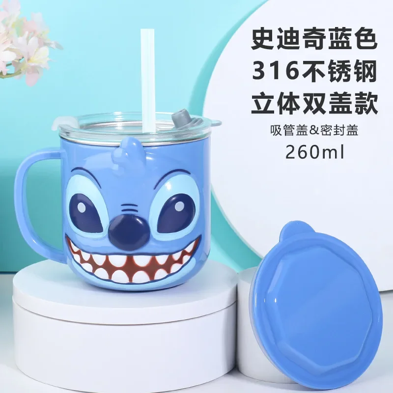 Kids Disney Cup Cute 3D Cartoon Mickey Minnie Mouse Stitch Frozen Elsa Princess Double Lid Cup Straw Cup Sippy Cup 260ml