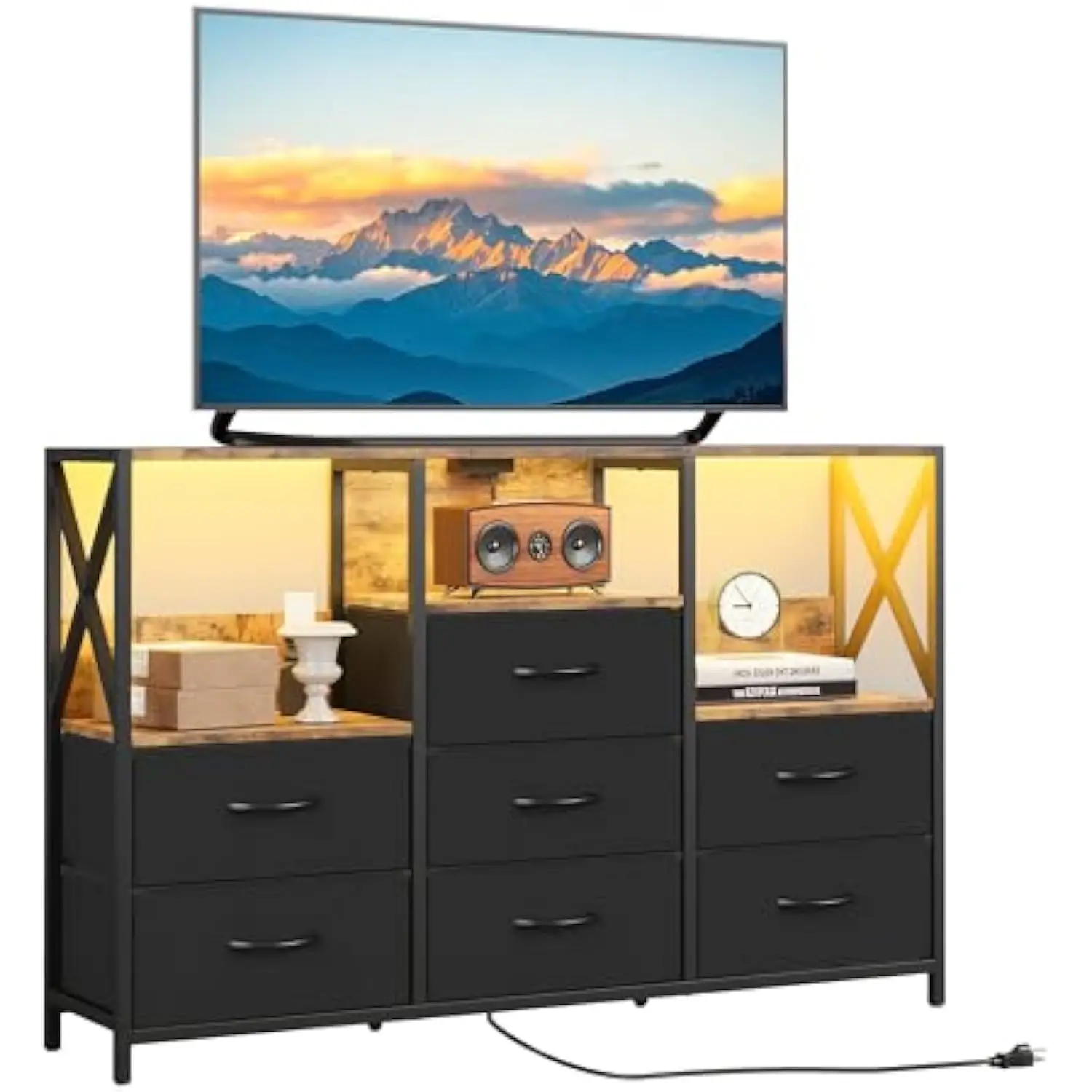 

7 Drawer Dresser TV Stand, Dressers for Bedroom with LED Lights and Charging Station, Fabric Chest of Drawers with Wood Top for