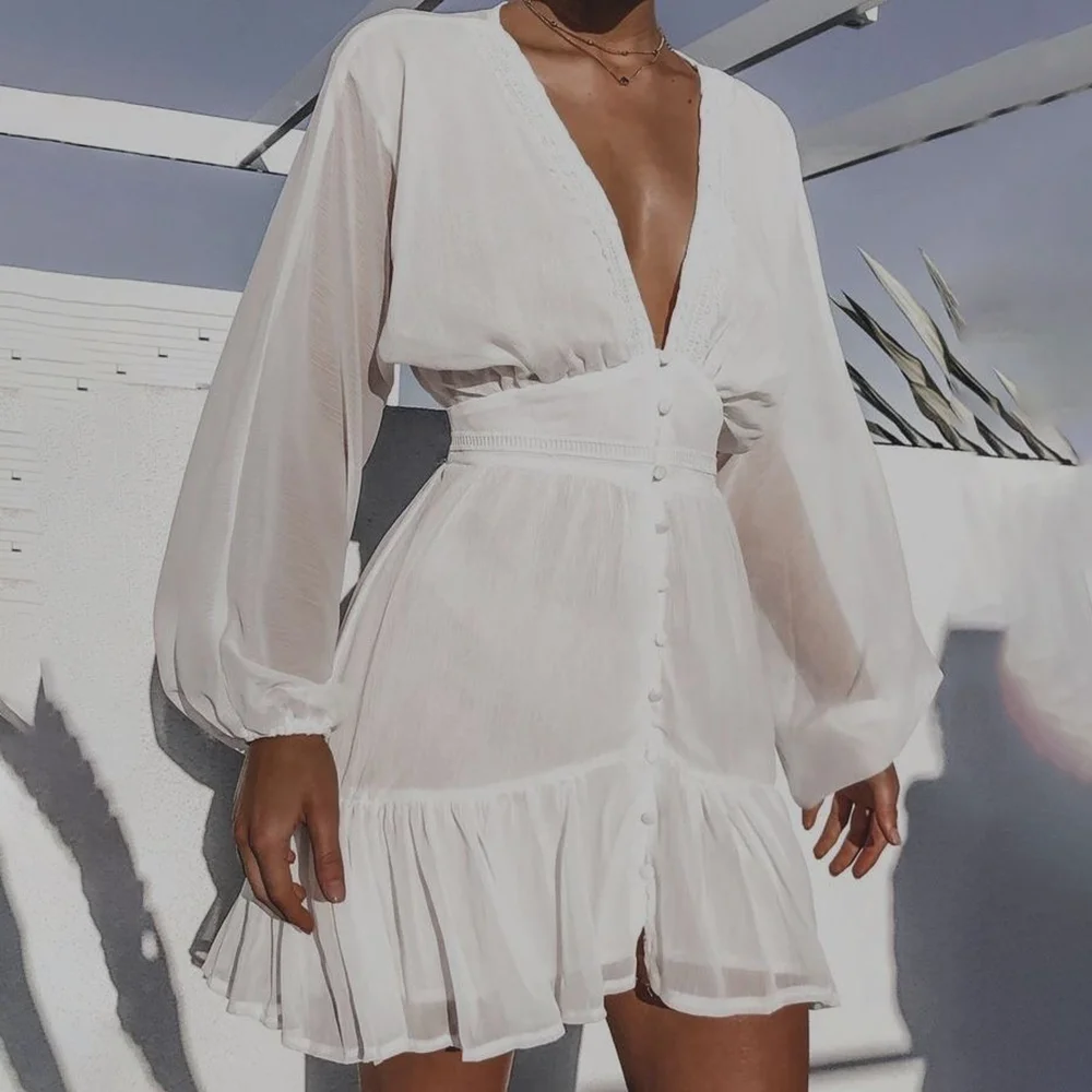 

Casual Simple Pure White Prom Dresses Fashion Deep V-Neck Full Sleeves Miniskirt Daily Home Wear Dance Cocktail Party Costume
