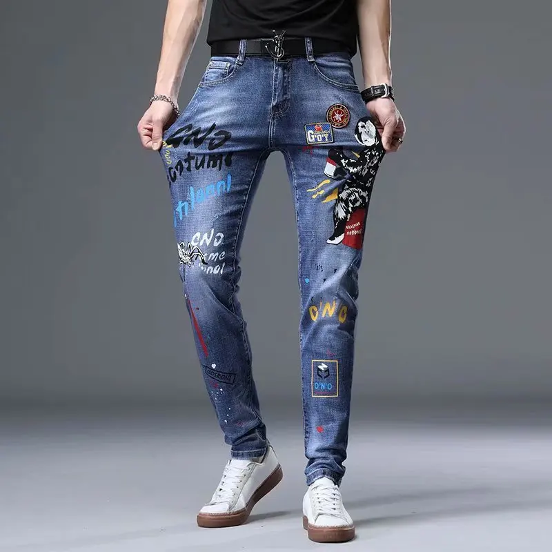 New Straight Graffiti Jeans Man Pants Spring Summer Boyfriend Slim Jeans Streetwear Skinny Zips Blue  Cacual Long Denim Trousers