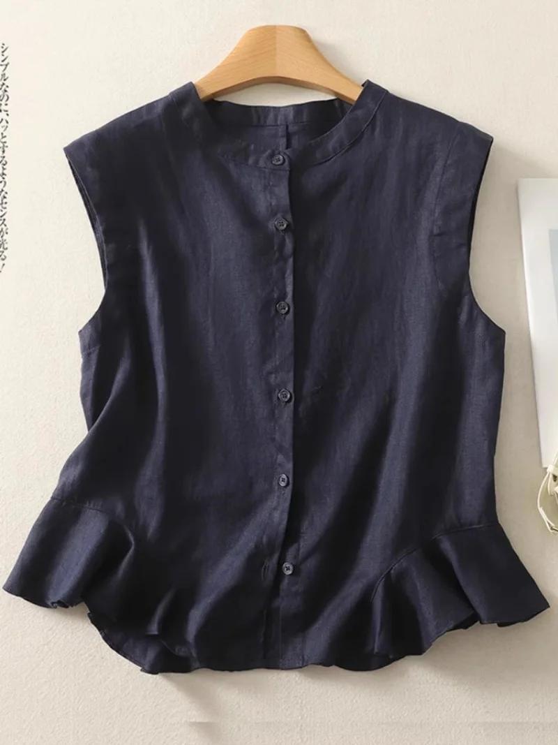 Linen Sleeveless Shirt Ladies Summer Loose Breathable Cotton Linen Vest Single Breasted Top W202