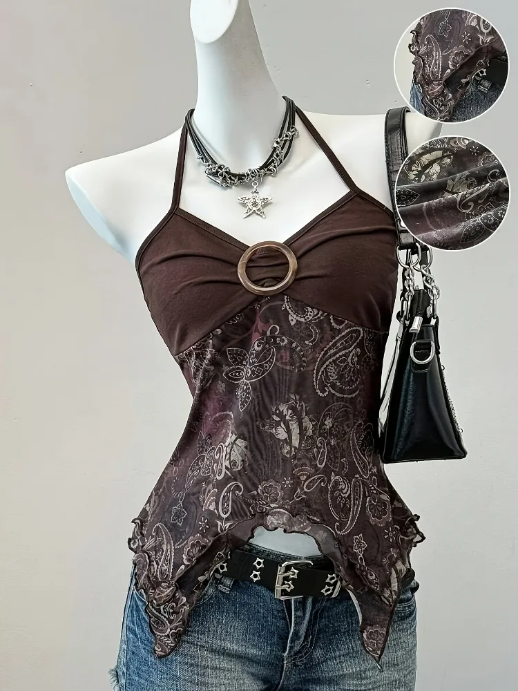 Sommerliches Vintage-Print-Mesh-Camisole für Damen – Sexy Neckholder-Top mit freiem Rücken für den Urlaub und den Strand