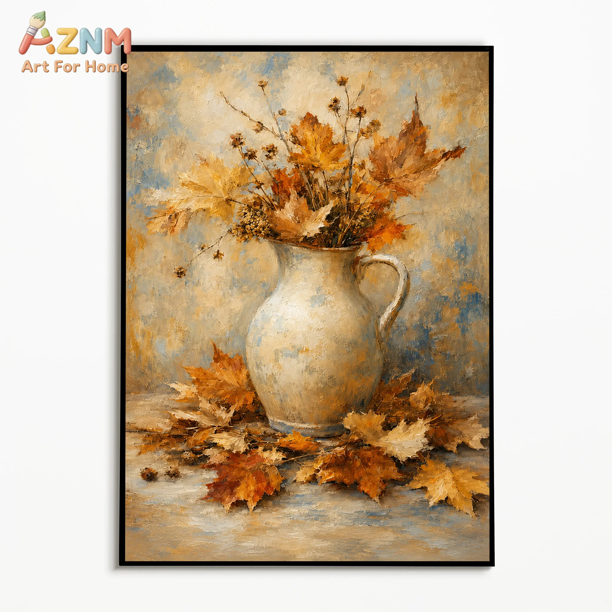 AZNM Vintage Oil Painting Autumn Maple Leaf Pumpkin Floral Still Life Canvas Wall Art Farmhouse Fall Season Home Living Room Dec