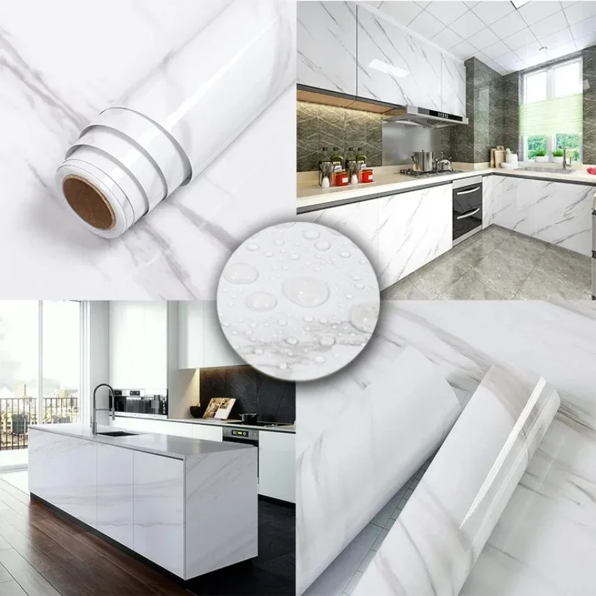 Modern Style White Marble Self Adhesive Wallpaper for Kitchen Oil Proof Countertop Cabinet Peel and Stick Renovation Stickers