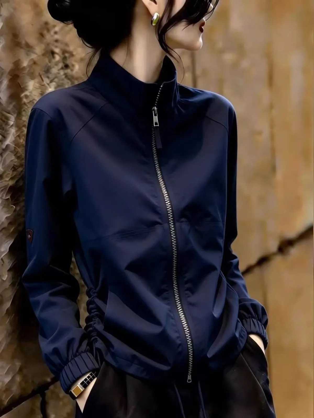 New 2026 Autumn Loose Fit Zipper Jacket Women's plus Size Slimming Stand Collar Commute Top Vintage Style Long Sleeve Coat