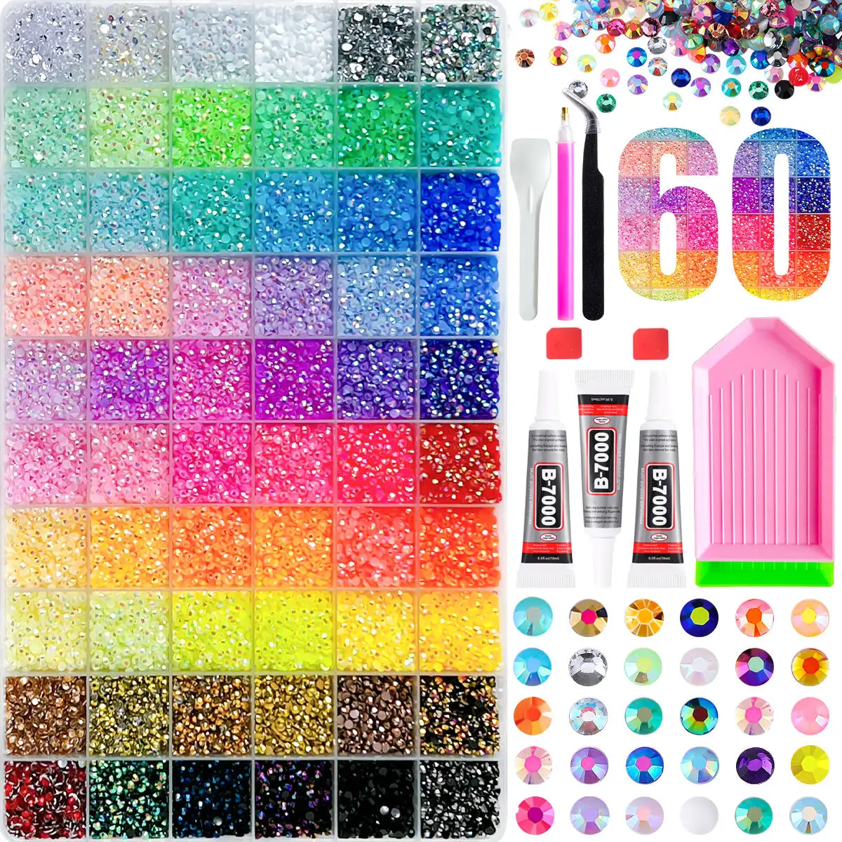 1Box AB Shinny Colorful Resin Nail Bedazzling Rhinestones Kit 60 Colors Mini Semi-circular Flat Bottomed Resin Nail Diamond DIY