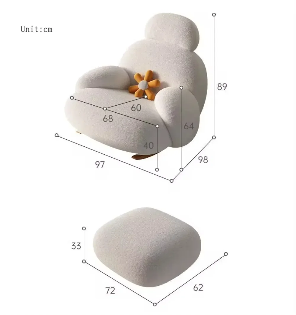 Nordic Modern Appartement Woonkamer Witte Stof Schommelen Luie Stoel Pluche Gestoffeerde Fauteuil Sofa Stoelen Met Kruk