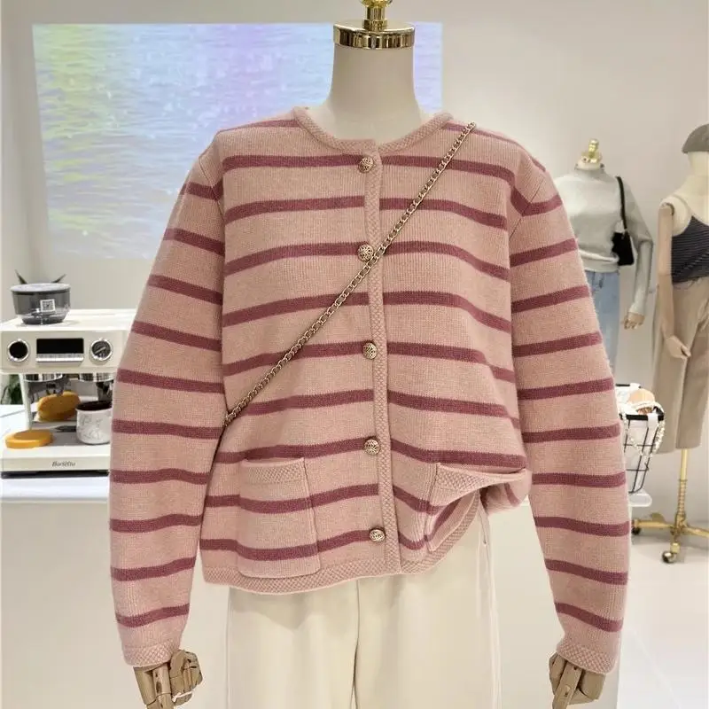 

Fashion Striped Knitted Cardigan for Women Autumn Winter All Match Gold Buttons Knitwear Lady Simple Sweater Coat