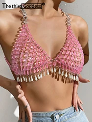 Sexy pink halter Metal rhinestone corset crop top women summer see through beach party club tank top y2k womens tops rave outfit