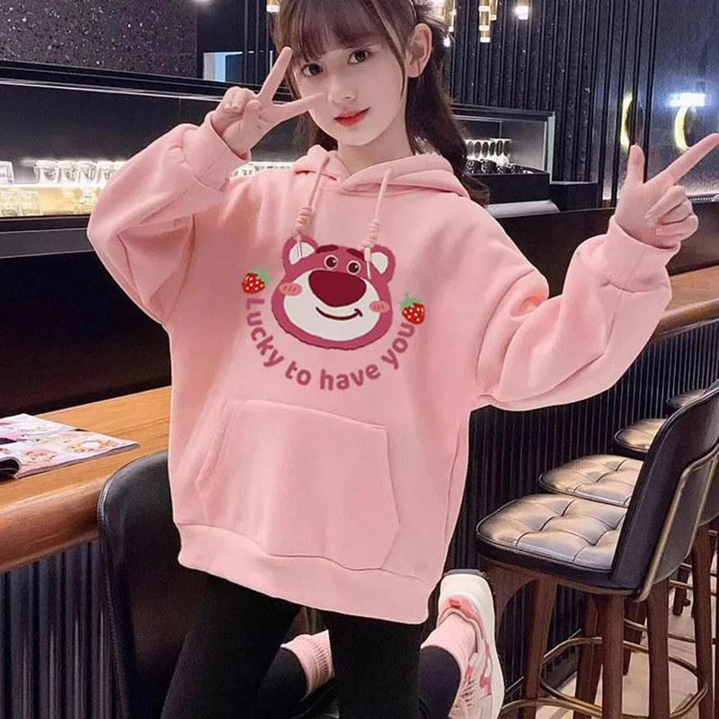 

Disney Lotso Girls' Hoodies Spring Autumn New Sweet Cartoon Long Sleeve Pink Coats Kids' Fashion Casual Loose Pocket Tops