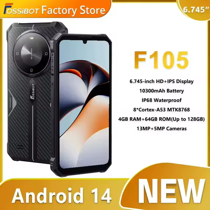 FOSSiBOT F105 — защищенный смартфон на Android 14, 12 ГБ + 64 ГБ памяти, 6,745-дюймовый HD+ IPS-дисплей, 20-мегапиксельная камера, аккумулятор 10300 мАч.