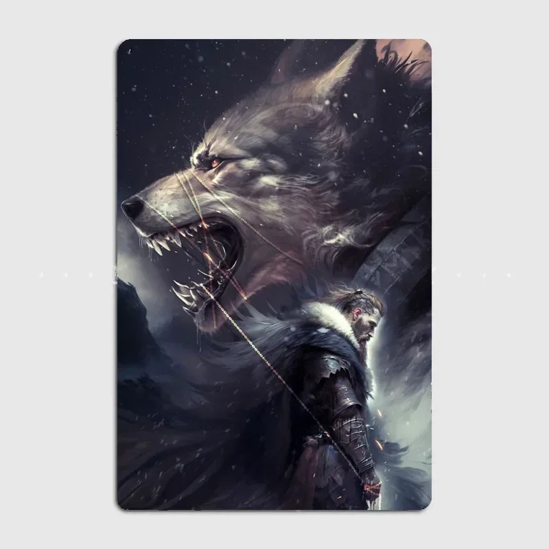 Norse Mythology Illustrated Fenrir and the god Tyr Metal Poster Room Wall Decor Cinema Living Custom