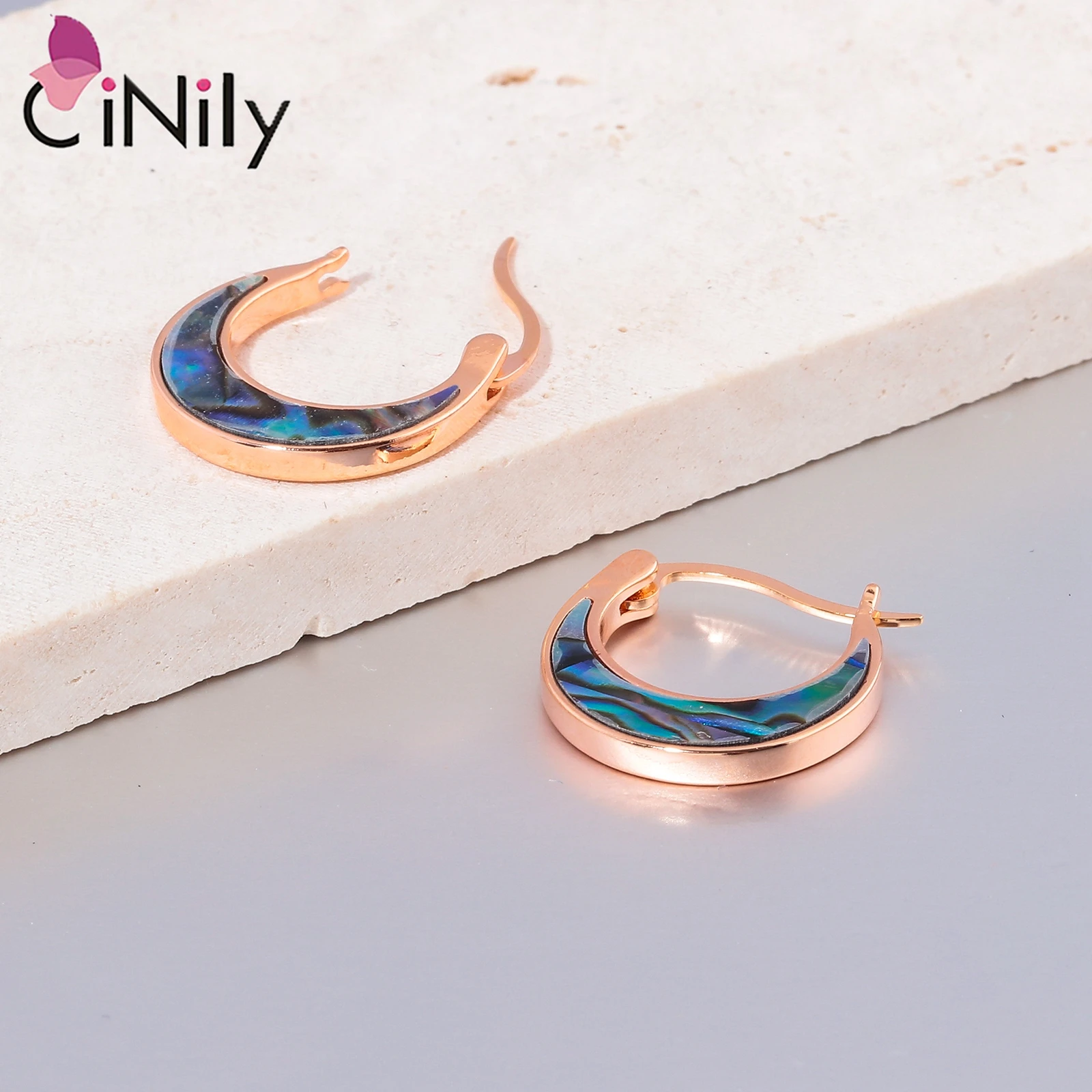 CiNily Exquisite Abalone Shell & Turquoise Hoop Earrings Rose Gold/Silver Plated Moon Shaped Earrings for Women Fashion Jewelry