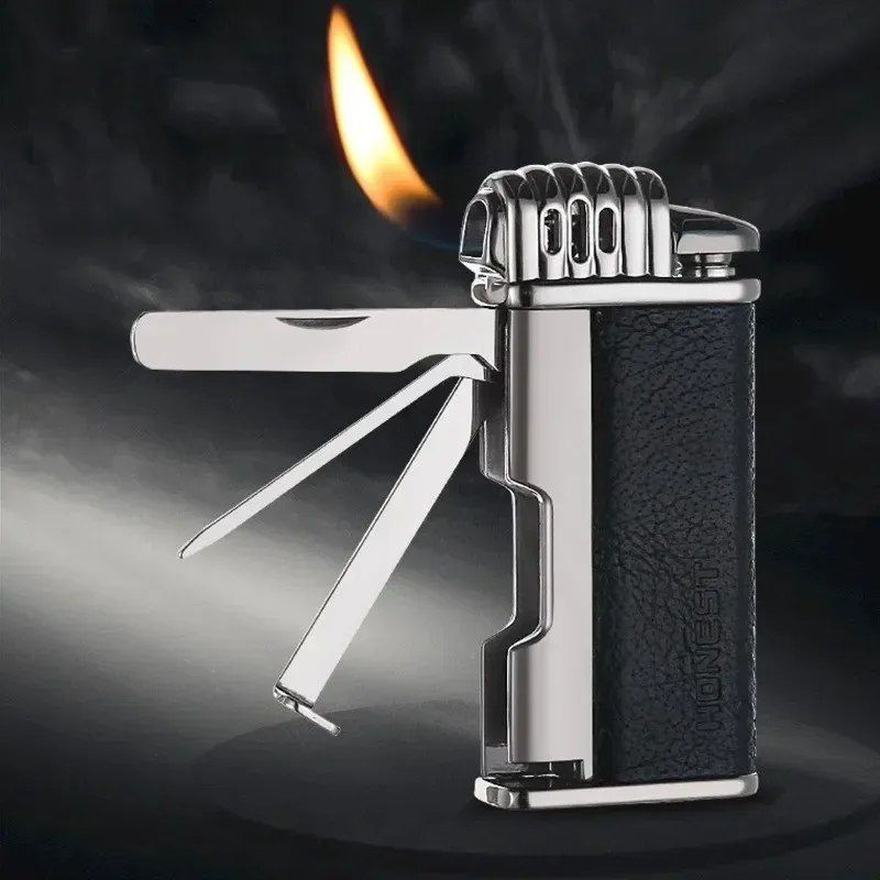 

HONEST Pipe Dedicated Gas Lighter Classic Angled Out Open Flame Turbo Torch Comes with Smoking Tool Leather Splice Body