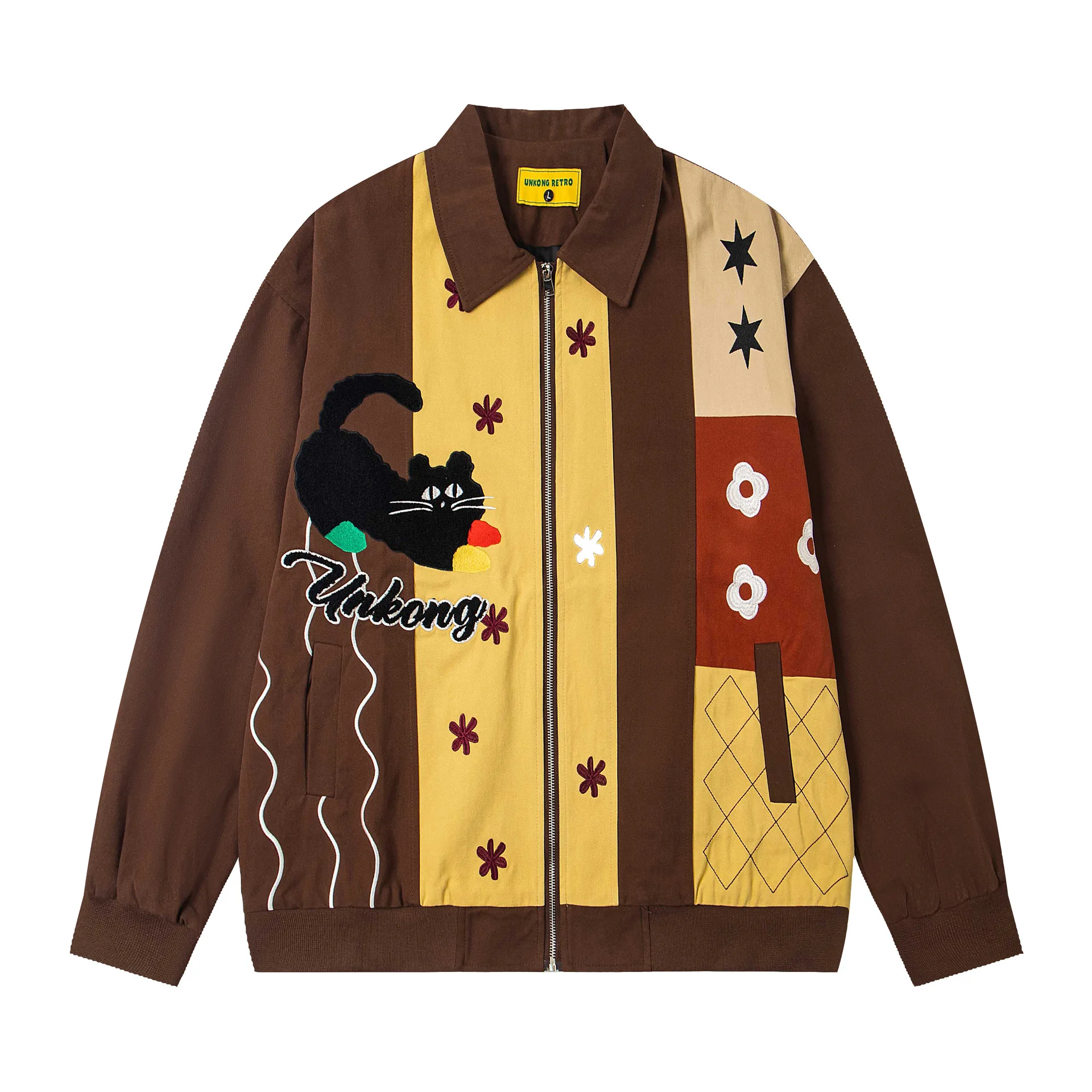 

American Retro Fun Cartoon Embroidery Color Block Lapel Jacket Unisex Couple Fall Winter Versatile