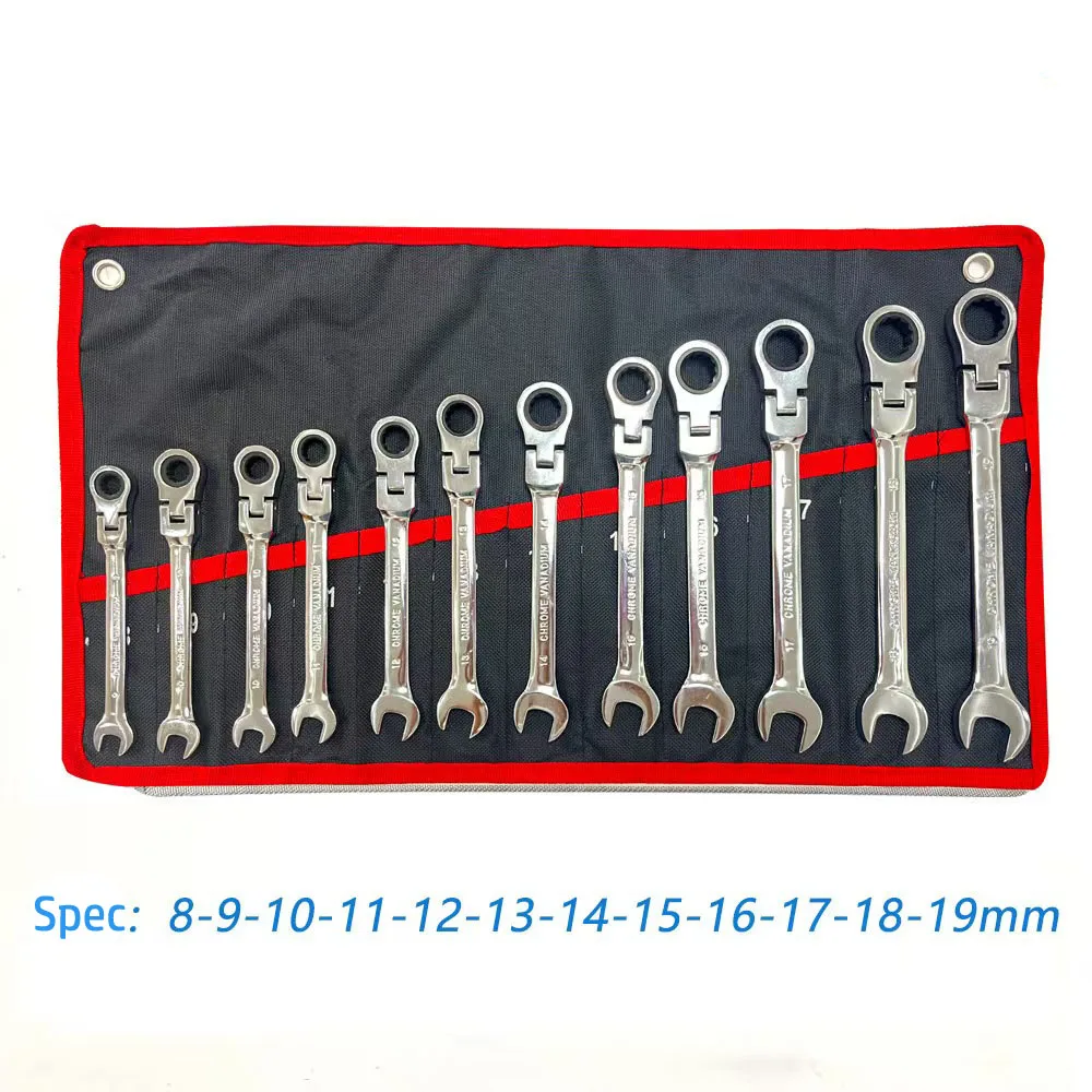 12pcs Metric Flex-Head Wrench Set 8-19mm Flexible Ratchet And Gear Ring Ratcheting Combination