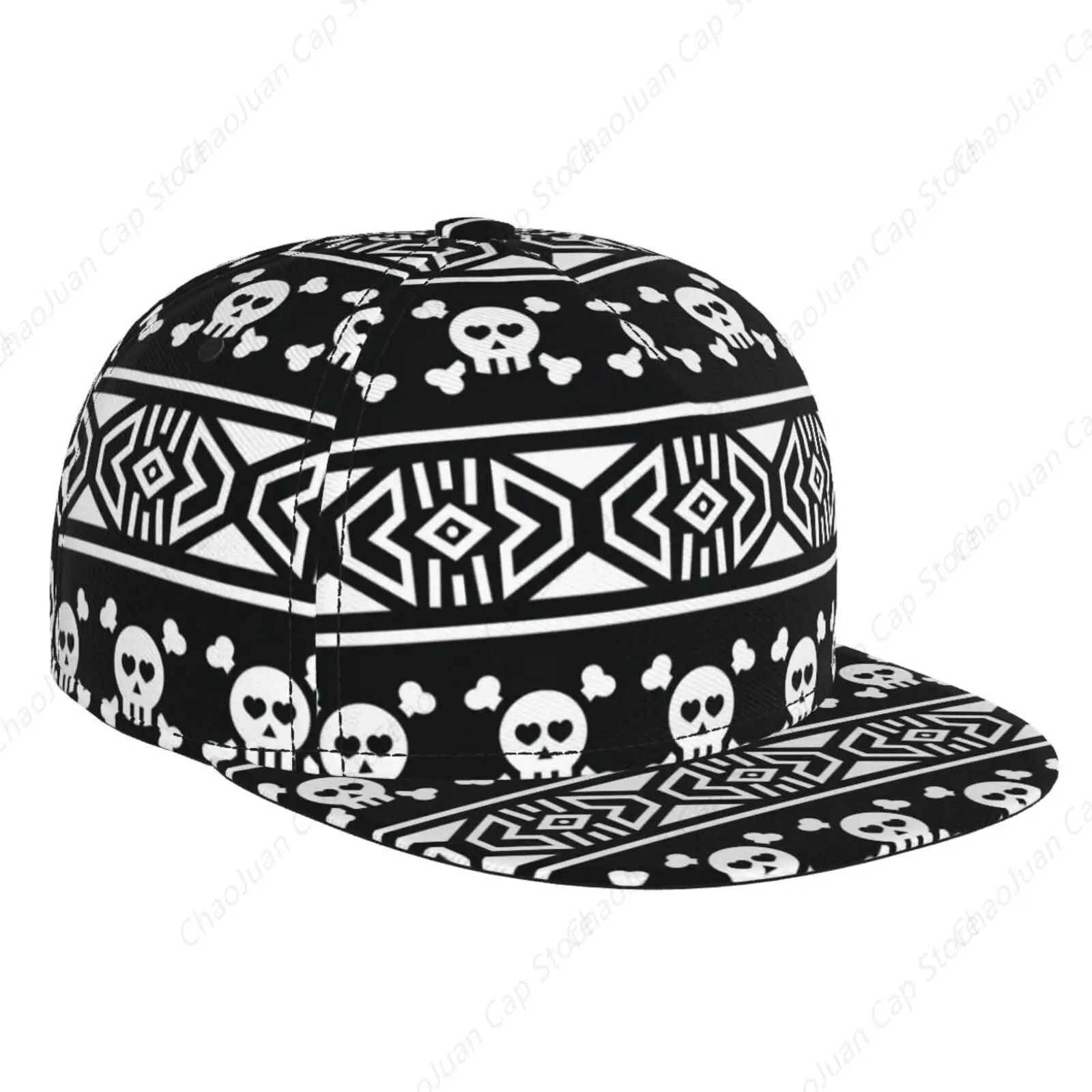 Flat Bill Baseball Cap for Men & Women, Tribal Aztec Skull Geometric Black Old Snapback Hat Hip Hop Dad Hat for Daily Outdoor