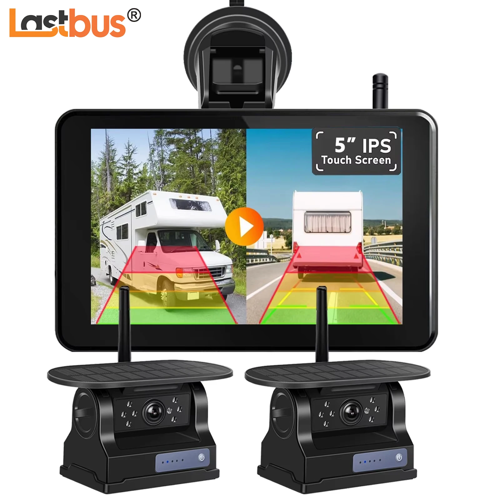 

Lastbus 2x Wireless Solar Magnetic Backup Camera + 5" IPS Quad Split Monitor Touch Screen DVR For RV Truck