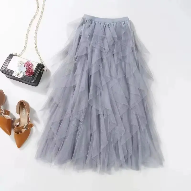 

2024 New Womens Elastic High Waist Tulle Mesh Irregular Tutu Skirt Summer Girls Party Older Kid Girl Pleated Long Midi Skirts
