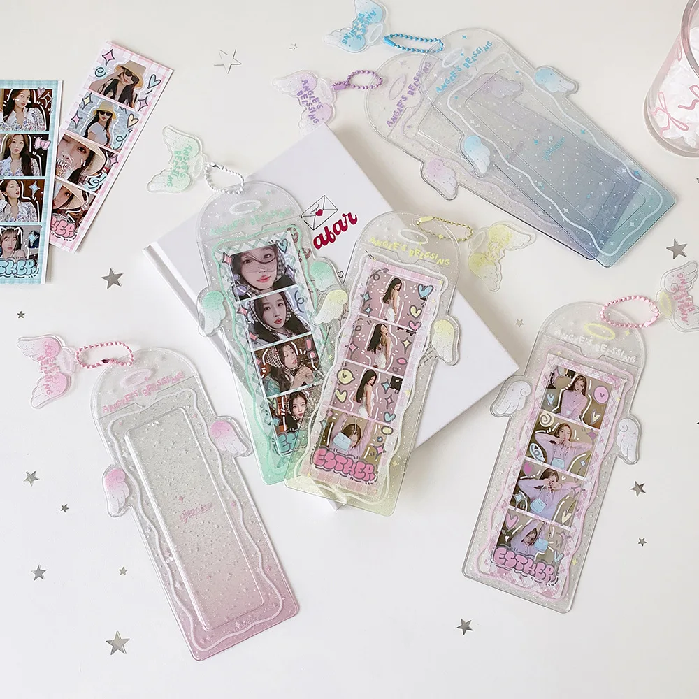 PVC Glitter Transparent Life Four Grid Card Holder Girl Kpop Angel Wings Pendant Long Card Holder Bookmark Card Case