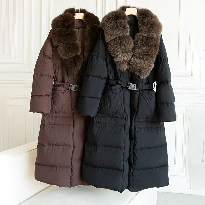 Nueva chaqueta de plumón de piel de zorro para mujer de invierno, chaqueta de plumón con cordones y cuello en V para ir al trabajo