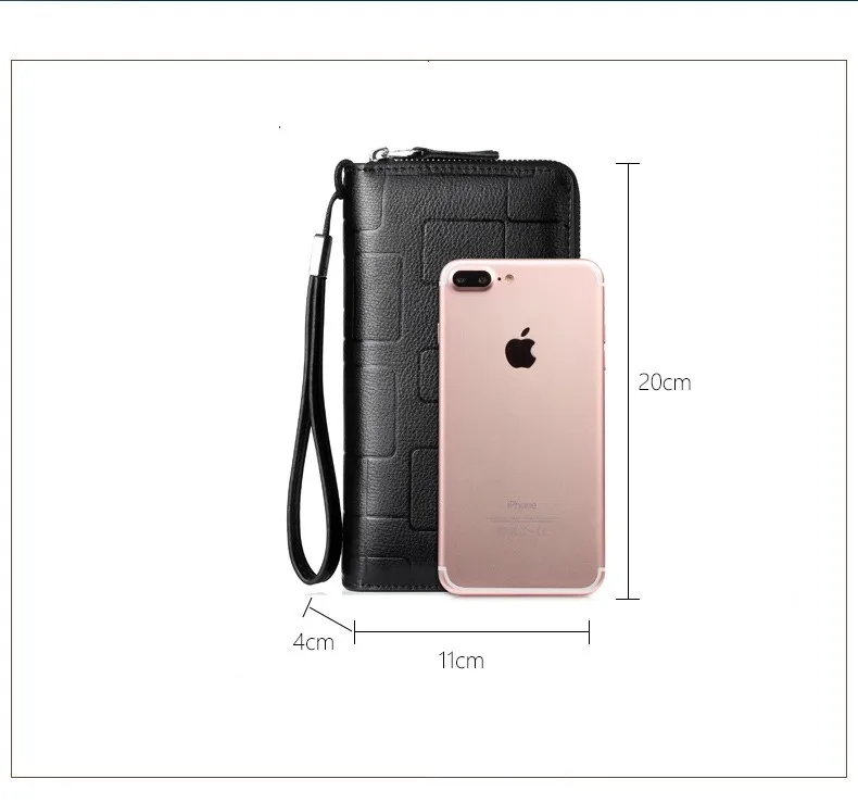 Men's Genuine Wallet Business Card Holder Long Zipper Mobile Phone Bag Handbag Sequined Plaid Top Leather Purse