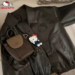 Hello Kitty Women Vintage Embroidered Pu Leather Jacket Sanrios Anime Cartoon Sweet Cool Spicy Girl Style Versatile Student Coat