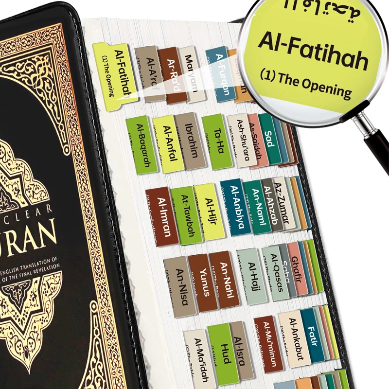 114 etiquetas de Surah, etiquetas de catálogos y capítulos y 6 pestañas en blanco, impresión grande, nombre de libro en inglés y árabe + frase de resumen de libros