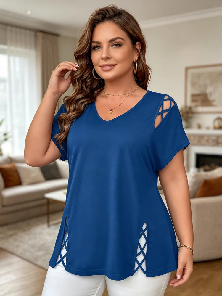 

Summer Plus Size Women's Tee Fashionable Crisscross Hollow Out V Neck T-shirt Short Sleeve Loose Casual Top for Daily Wear