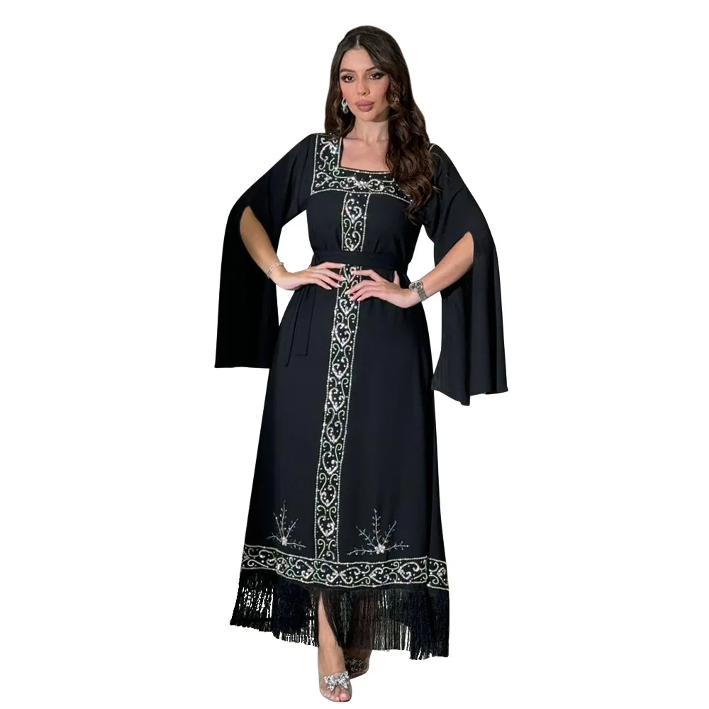 Eid Mubarak Moslim Vrouwen Abaya Maxi Jurken Jalabiya Diamanten Kwastje Gewaad Ramadan Dubai Islam Kaftan Caftan Party Avondjurk