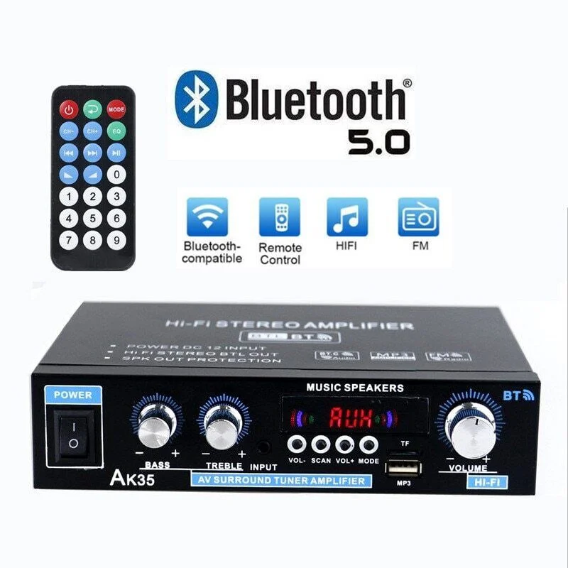 

NEW CH 2.0 Bluetooth Bass Amp AK35 HIFI Digital Audio Stereo Amplifier FM USB Remote 100-240V 12V