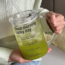 INS Style Straw Glass Cup with Handle with Lid Scale Water Cup Glass 1000ml Large Capacity Juice Milk Bottle Home Office