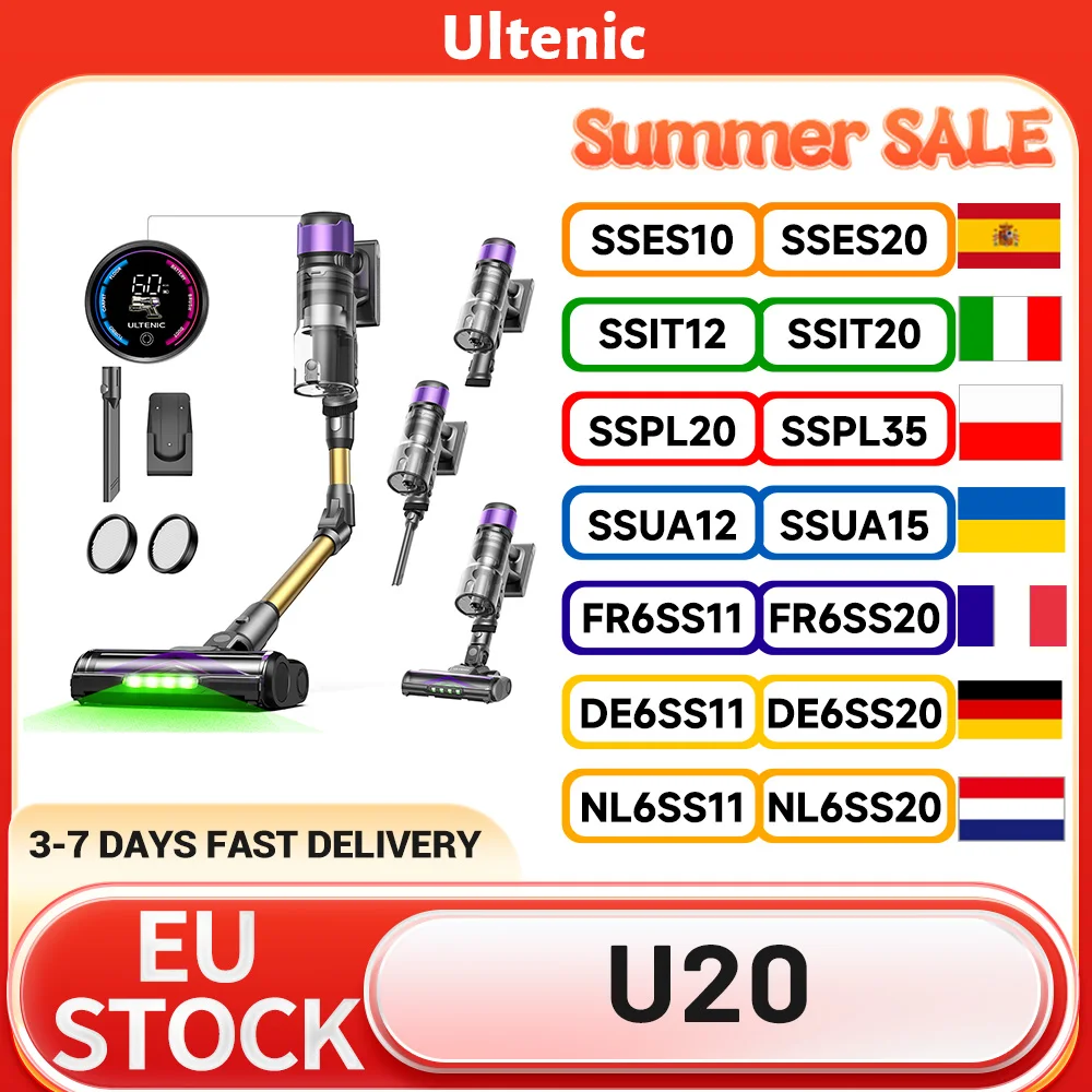 Aspirateur à manche sans fil Ultenic U20, aspiration de 55 000 Pa, bac à poussière de 1,5 L, autonomie de 60 minutes, baguette flexible de 65 cm, affichage dynamique interactif