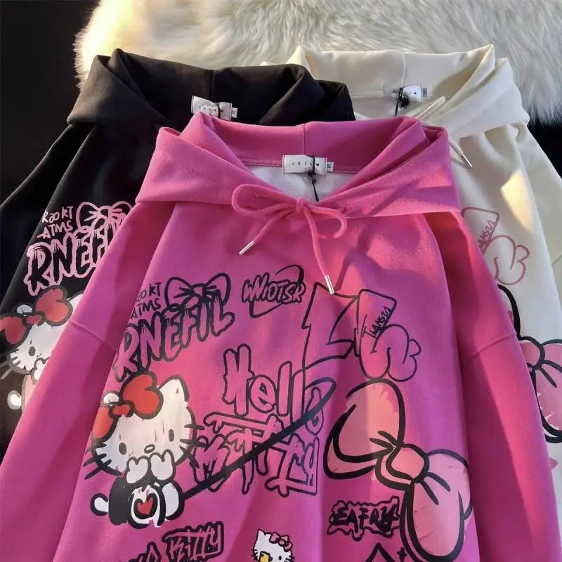 Hello Kitty Cotton Print Hooded Sweatshirt Anime Cartoon Sanrio Hoodie Winter Student Loose Hooded Sweatshirts Female Top Gift