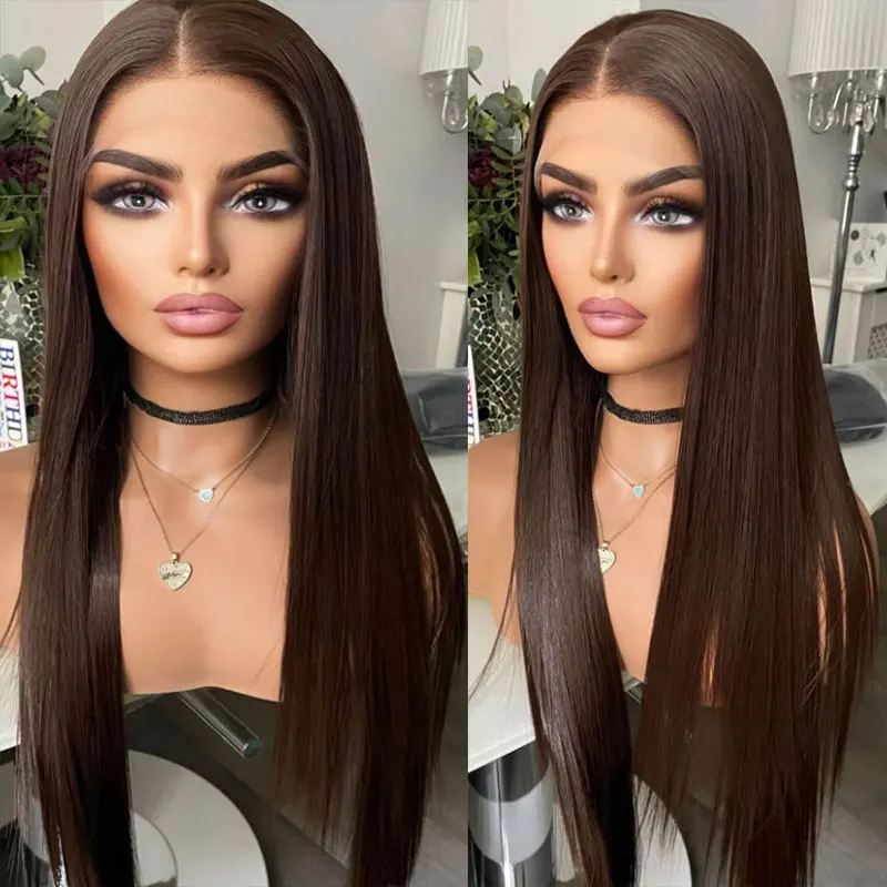 Wig rambut lurus coklat sintetis 13x4 Lace depan Wig kualitas tinggi rambut serat tahan panas belahan Tengah untuk wanita