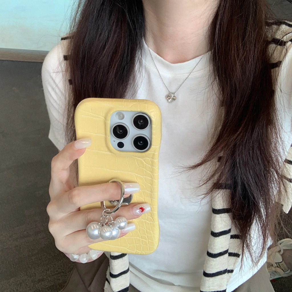 

Creativity Crocodile Skin Pattern Ring Buckle With Holder Pearl Pendant Phone Cover Case for iPhone 17 16 15 14 13 12 Pro Max