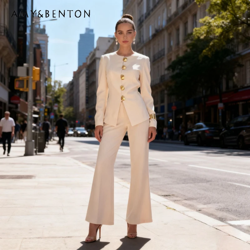 

Gentle Casual Women's Long Pants Set 2026 New Round Neck Single-row Metal Buckle Short Top Horn Trousers Two-piece Sets Ladies